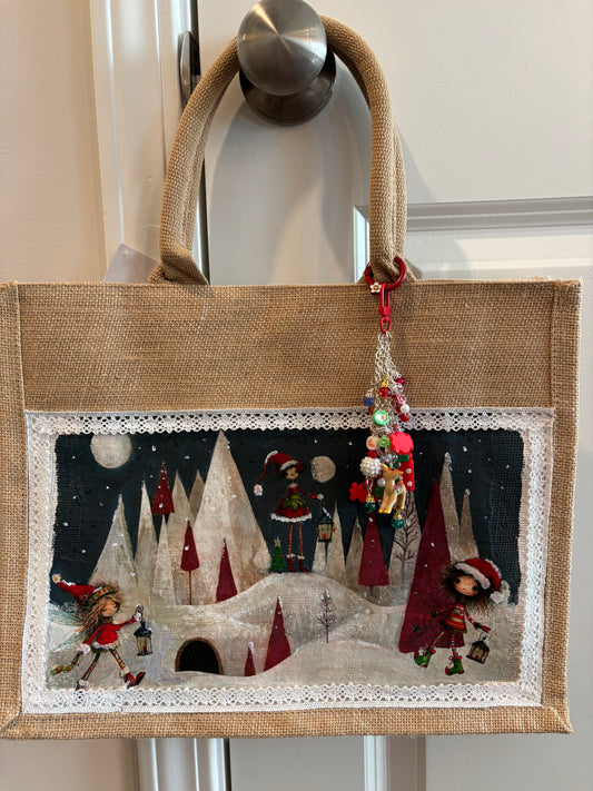 Jute holiday tote with 3 strand removable charm dangle
