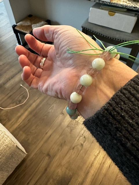 Green Chalcedony and Strawberry Quartz bracelet on a stretchy cord