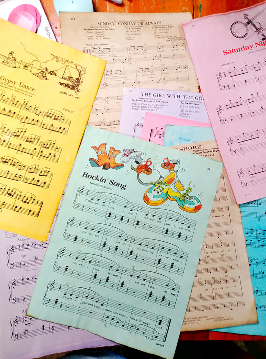 Hand dyed music papers, most are vintage all are cute. Assorted colors and sizes 10 pieces per pack